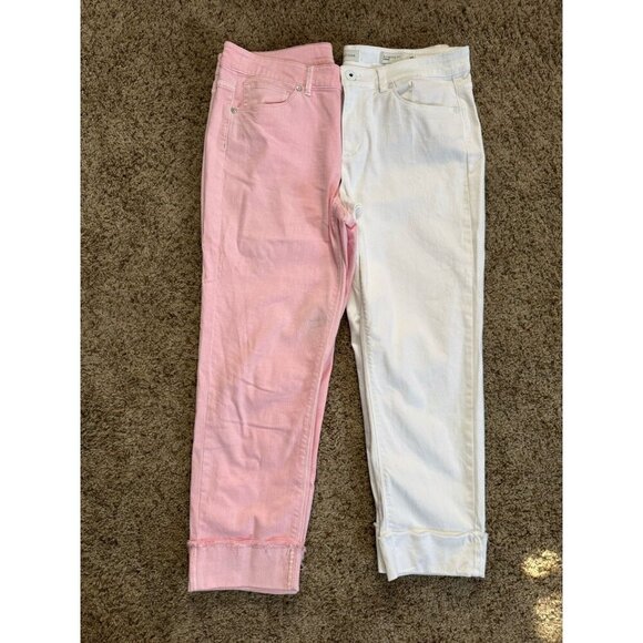 JJILL Authentic Fit Cropped Jeans White Mid Rise Pink White Cuffed Sz 10 2 Pcs - Picture 1 of 14